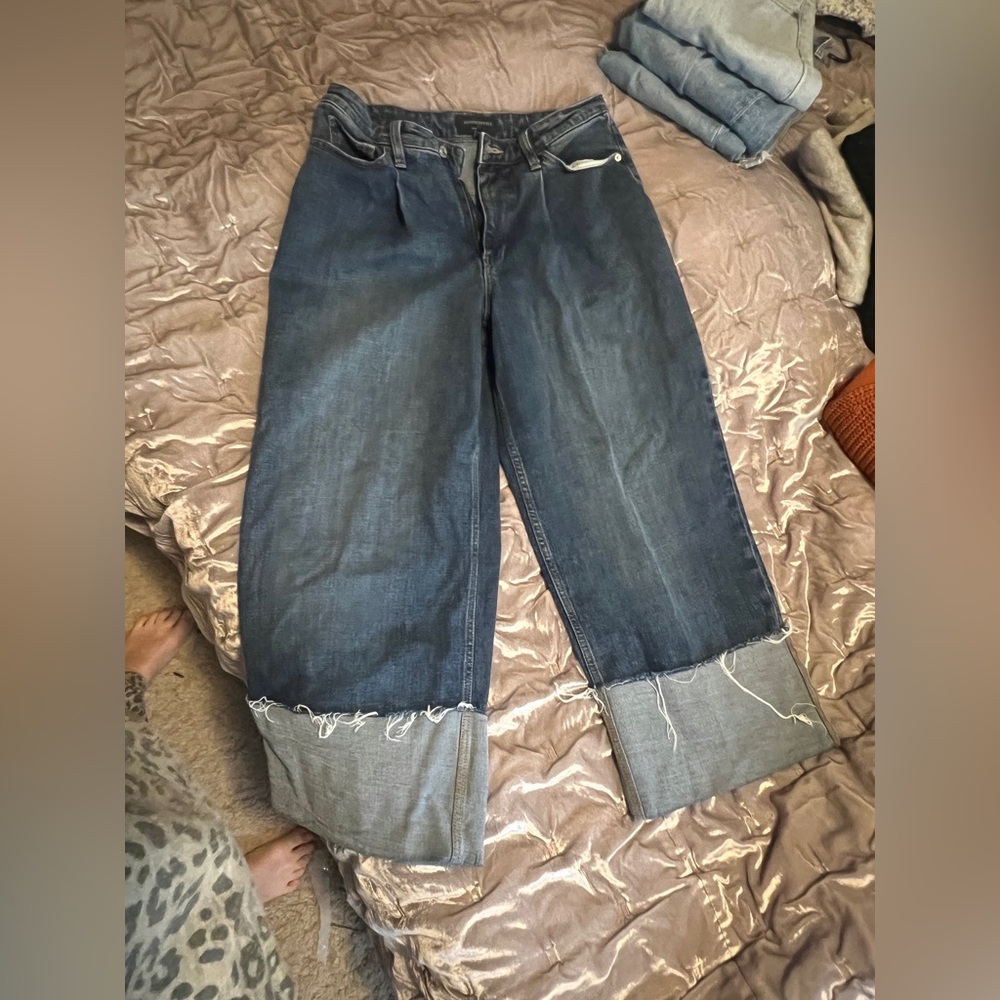 Wide Leg Cuffed Women’s Jeans in Dark Blue
